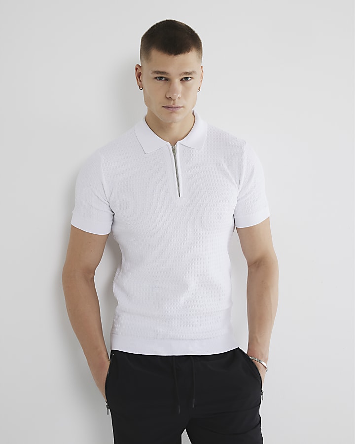 White Muscle Fit Textured Polo Shirt