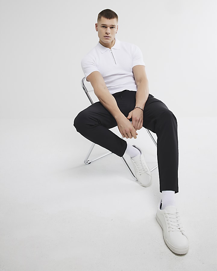 White Muscle Fit Textured Polo Shirt