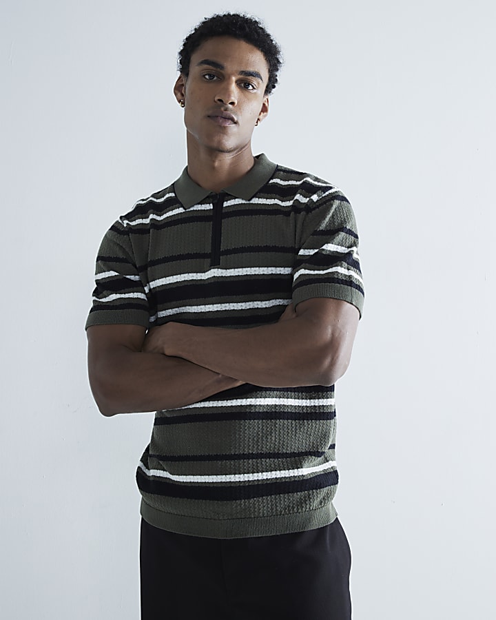 Green Textured Stripe Polo Shirt