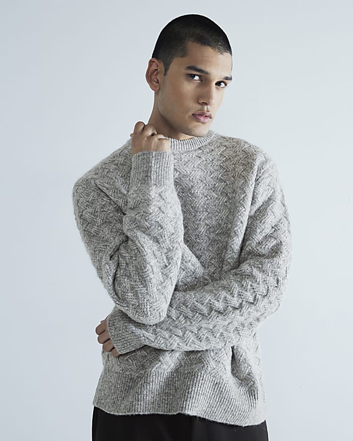 Grey Long Sleeve Cross Hatch Knit Jumper