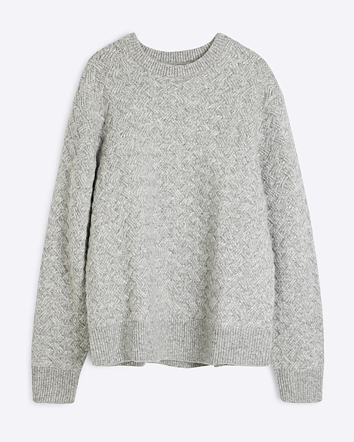 Grey Long Sleeve Cross Hatch Knit Jumper