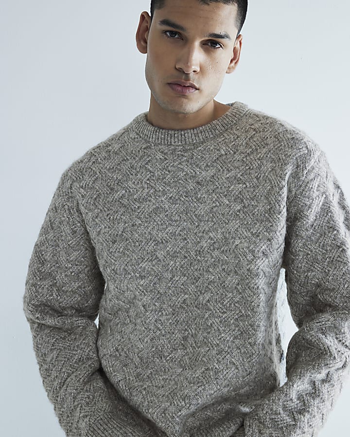 Grey Long Sleeve Cross Hatch Knit Jumper