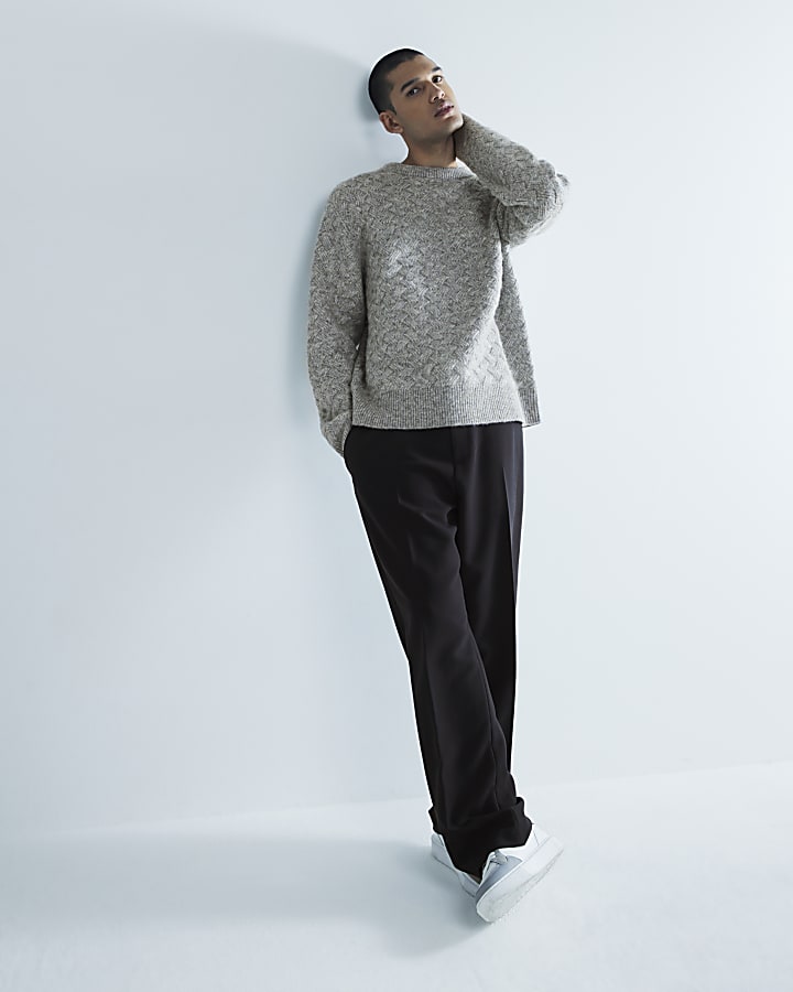 Grey Long Sleeve Cross Hatch Knit Jumper