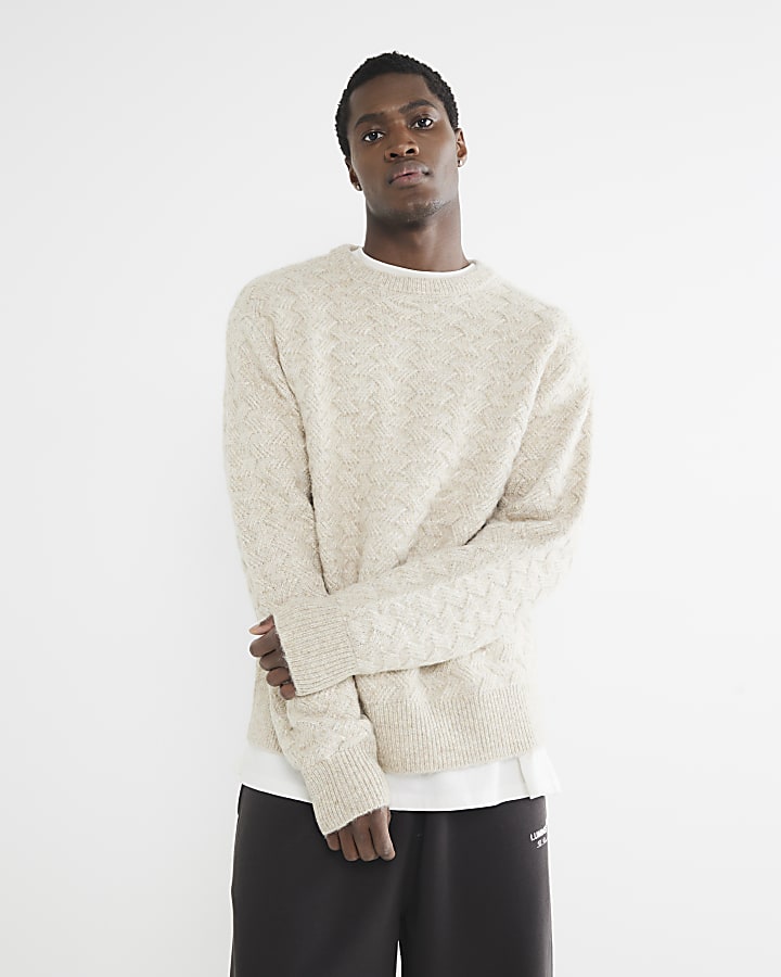 Stone Long Sleeve Cross Hatch Knit Jumper