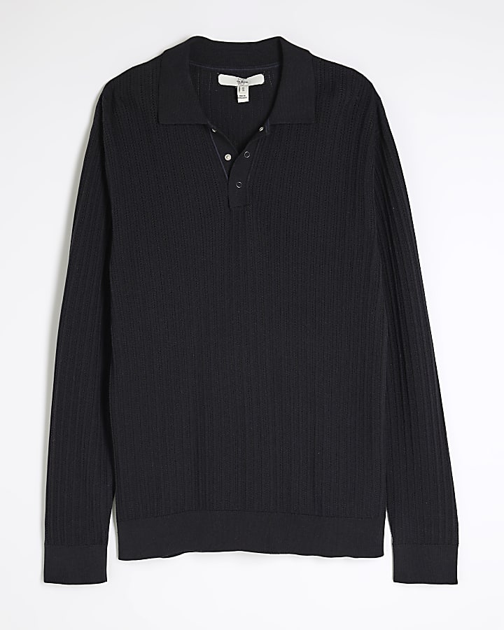 Black Long Sleeve Knit Polo Shirt