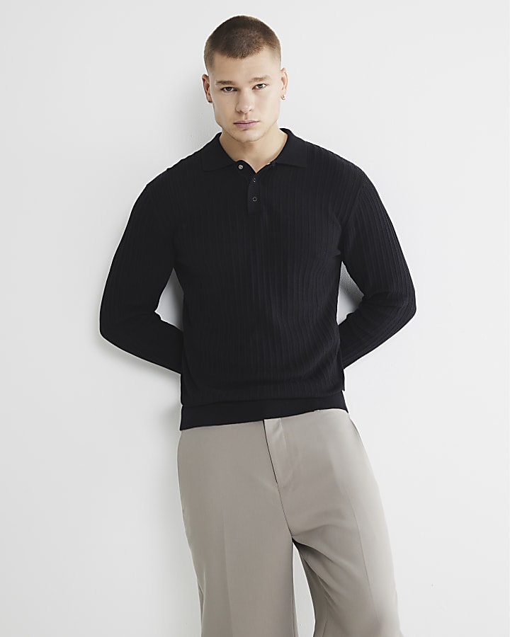 Black Long Sleeve Knit Polo Shirt