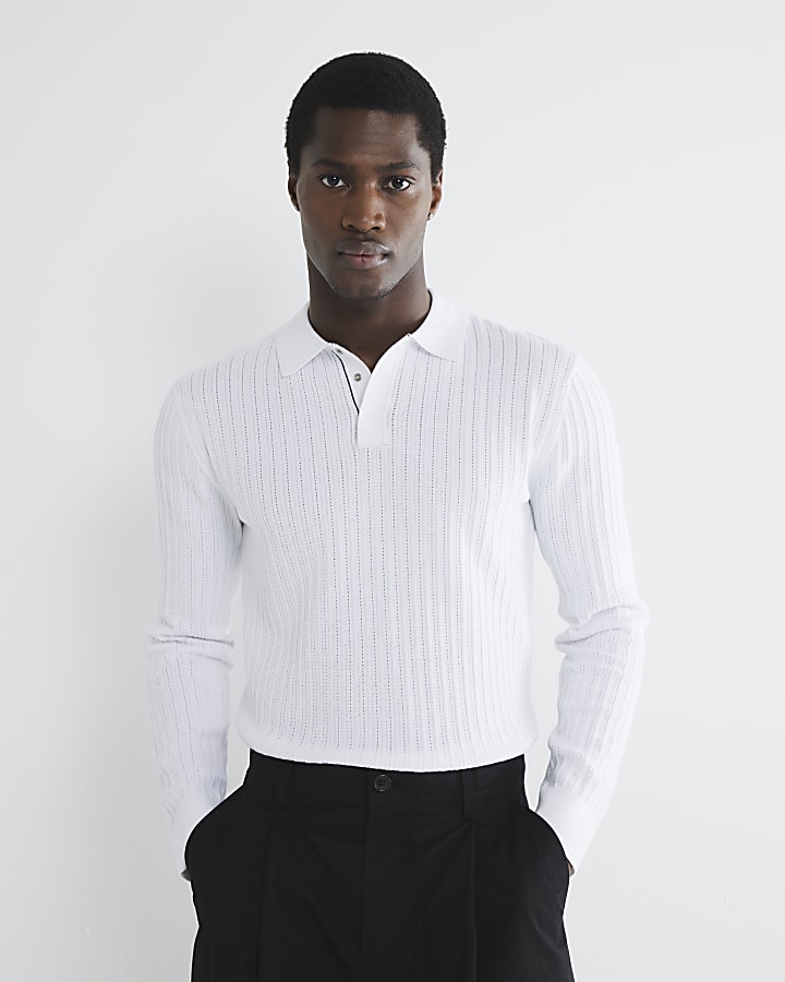 White Slim Fit Long Sleeve Knit Polo Shirt