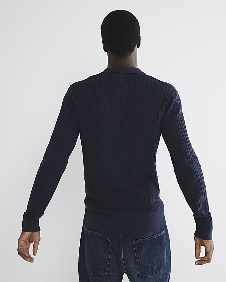 Navy Slim Fit Knit Long Sleeve Polo Shirt