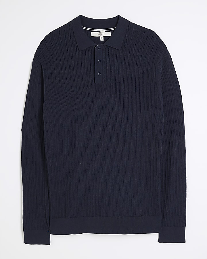 Navy Slim Fit Knit Long Sleeve Polo Shirt