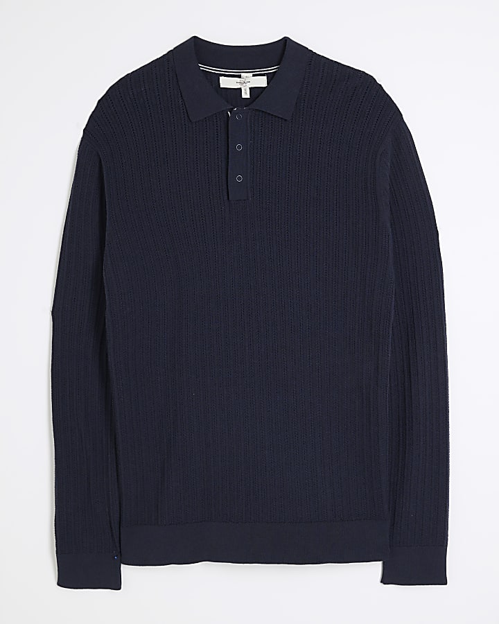 Navy Knit Long Sleeve Polo Shirt