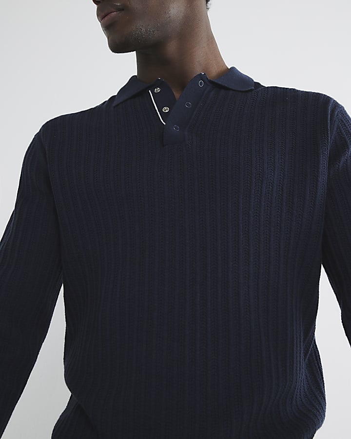 Navy Slim Fit Knit Long Sleeve Polo Shirt