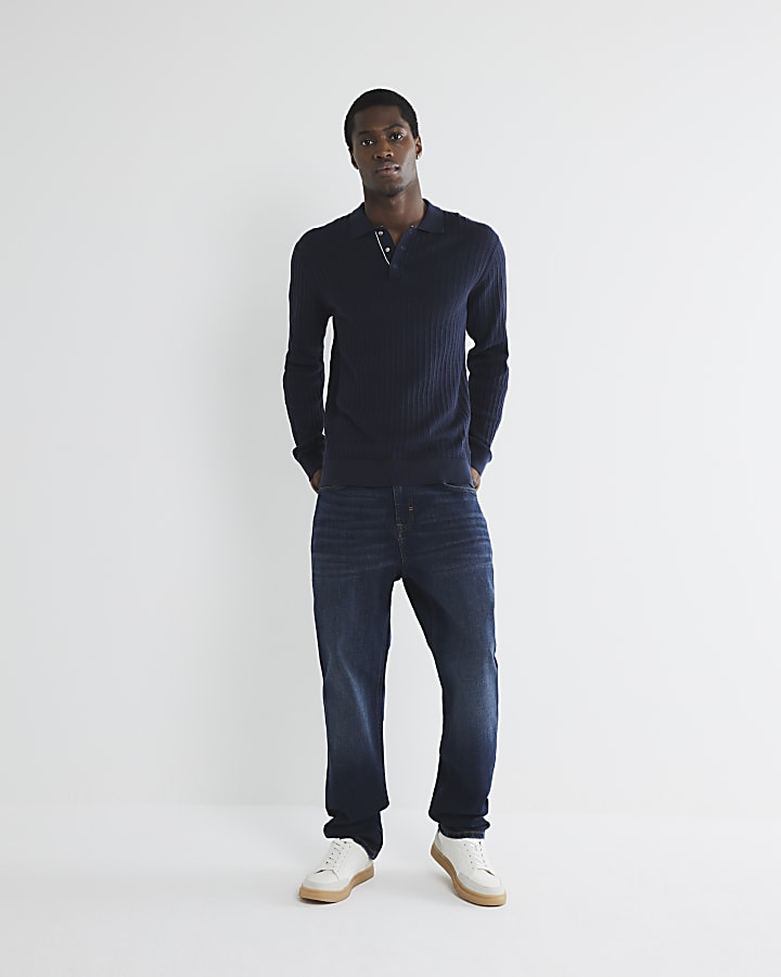 Navy Knit Long Sleeve Polo Shirt