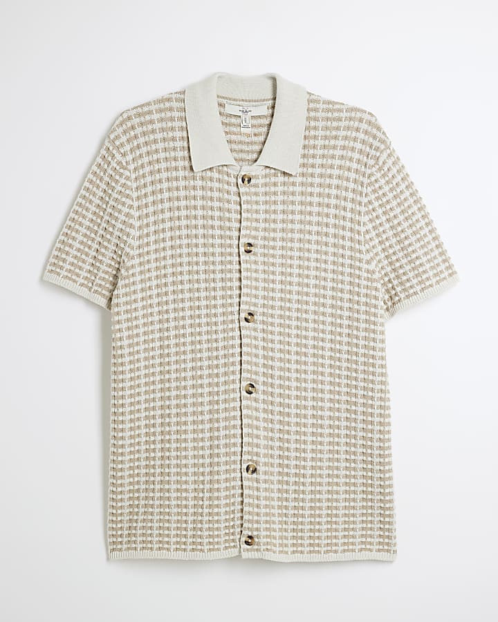 Stone Knitted Check Shirt