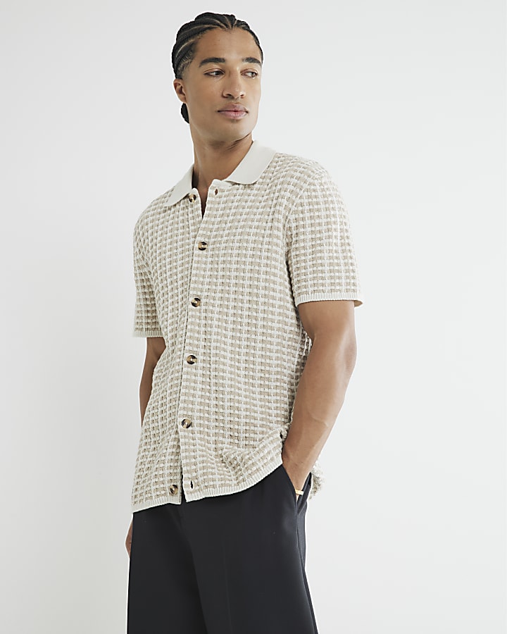 Stone Knitted Check Shirt