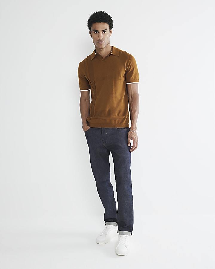 Rust Asymmetric Open Collar Polo Shirt