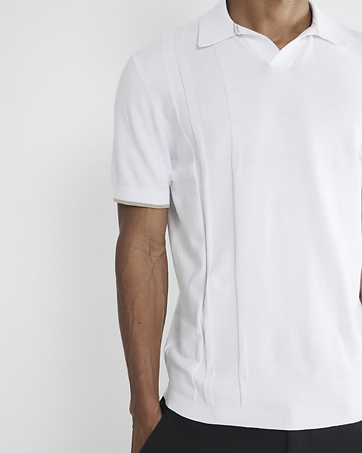 White Slim Asymmetric Open Collar Polo Shirt