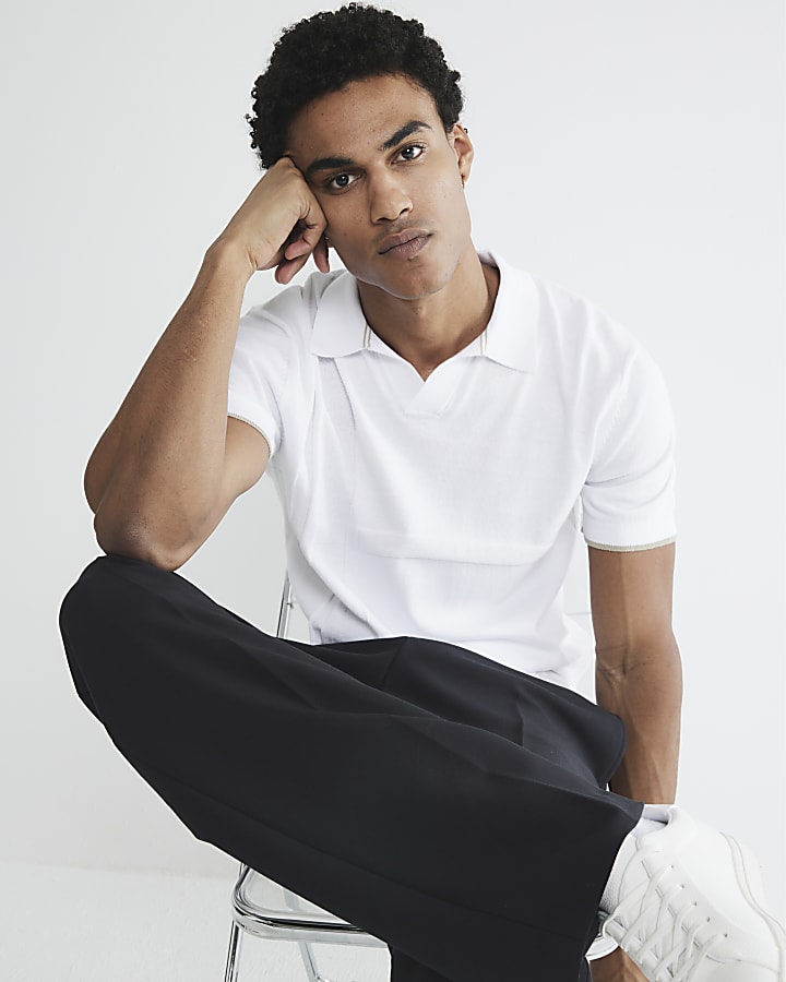 White Slim Asymmetric Open Collar Polo Shirt