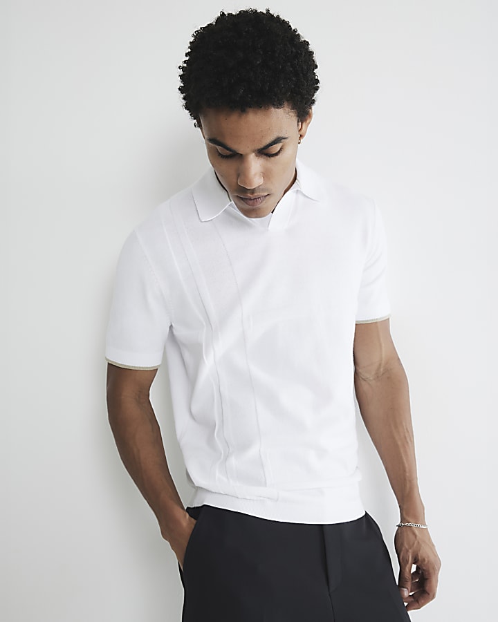 White Slim Asymmetric Open Collar Polo Shirt