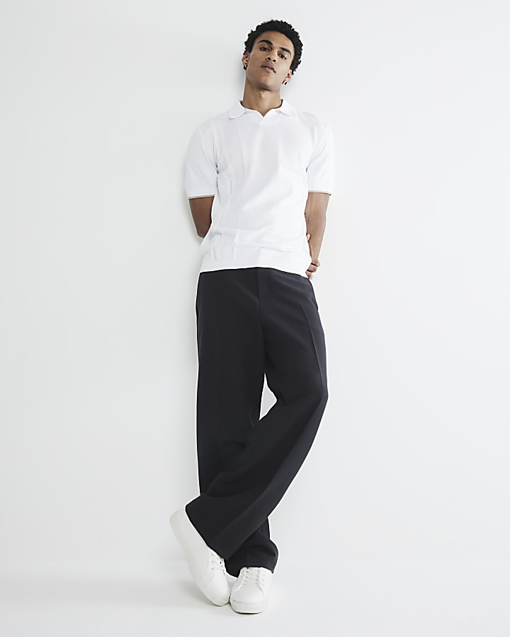 White Slim Asymmetric Open Collar Polo Shirt