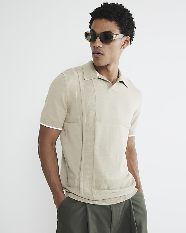 Beige Slim Asymmetric Open Collar Polo Shirt
