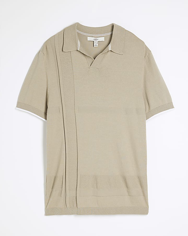 Beige Slim Asymmetric Open Collar Polo Shirt