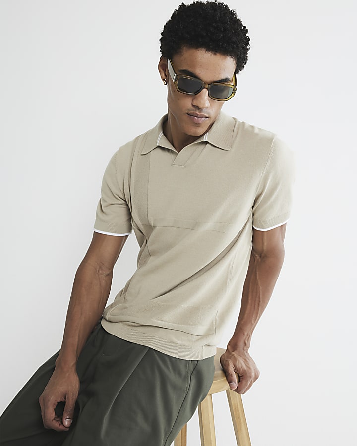 Stone Asymmetric Open Collar Polo Shirt