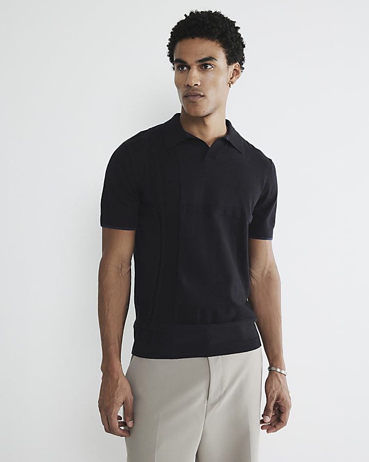 Black Asymmetric Open Collar Polo Shirt