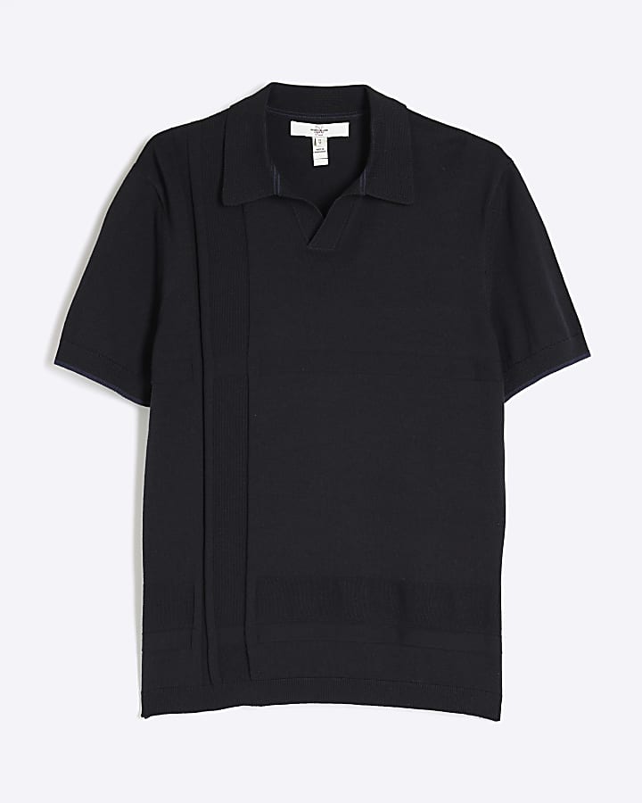 Black Asymmetric Open Collar Polo Shirt