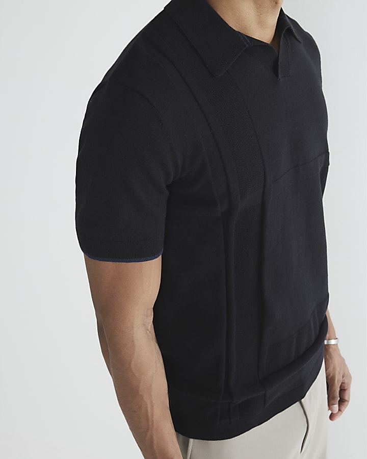 Black Asymmetric Open Collar Polo Shirt