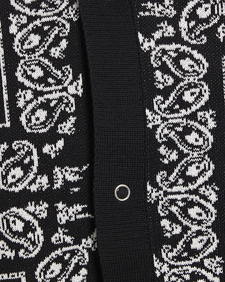 Black Knitted Short Sleeve Paisley Shirt