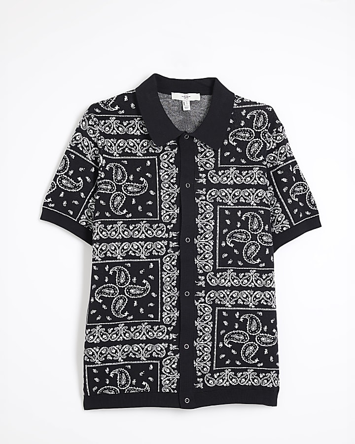 Black Knitted Short Sleeve Paisley Shirt