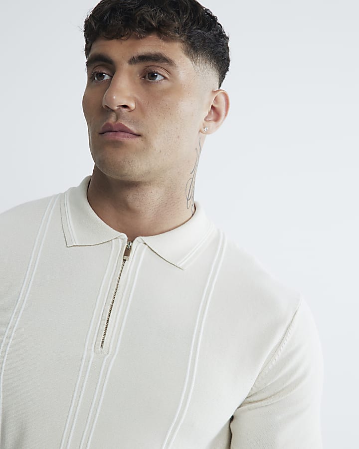 Beige Slim Fit Stripe Polo Shirt