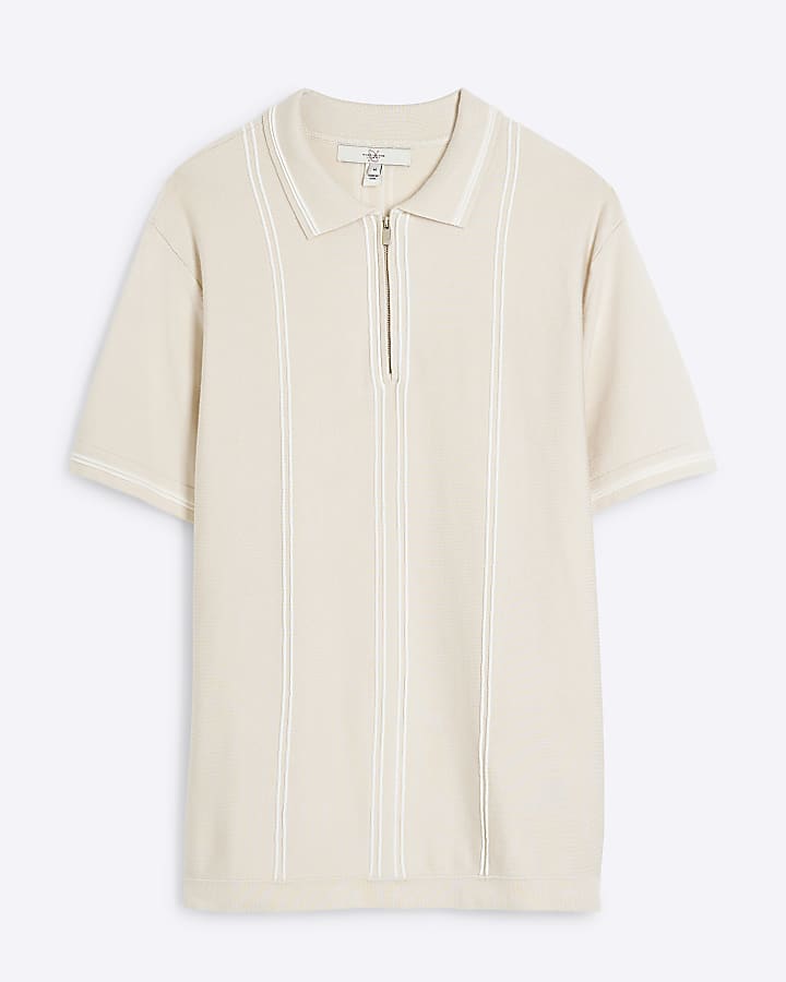 Beige Slim Fit Stripe Polo Shirt