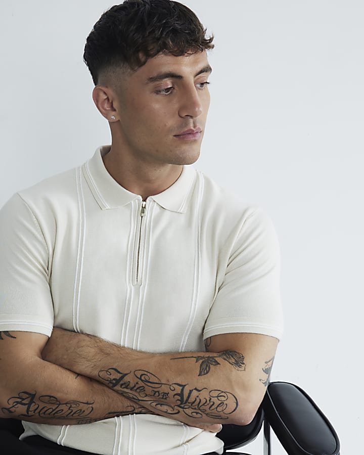 Beige Slim Fit Stripe Polo Shirt