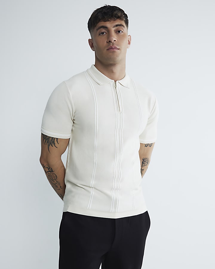 Beige Slim Fit Stripe Polo Shirt