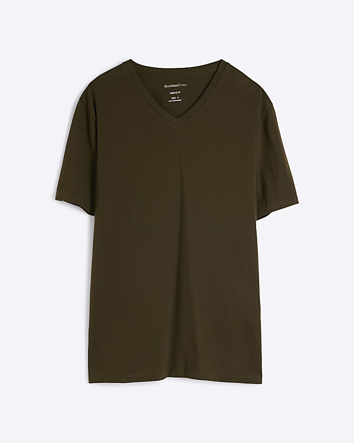 Khaki Muscle Fit V Neck T-Shirt