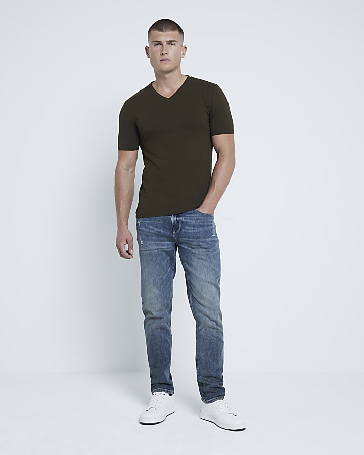 Khaki Muscle Fit V Neck T-Shirt