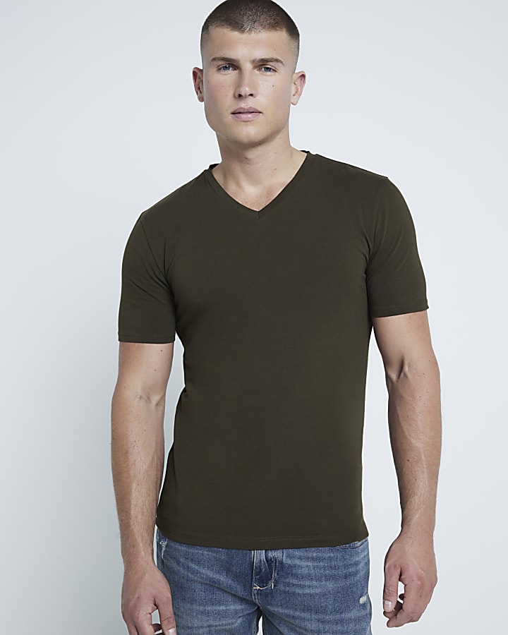 Khaki Muscle Fit V Neck T-Shirt