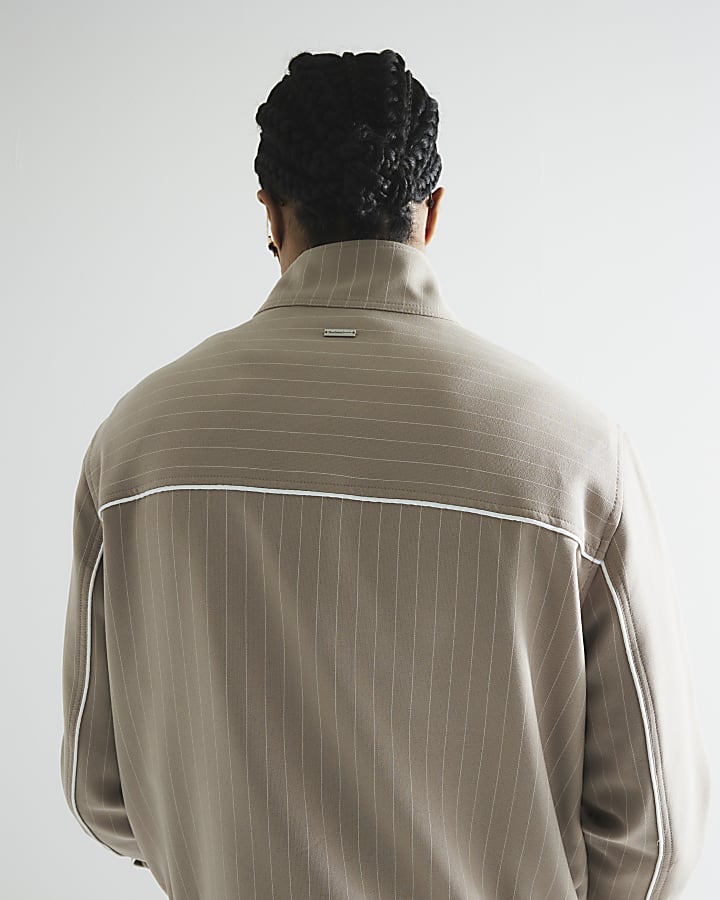 Beige Slim Fit Striped Funnel Jacket