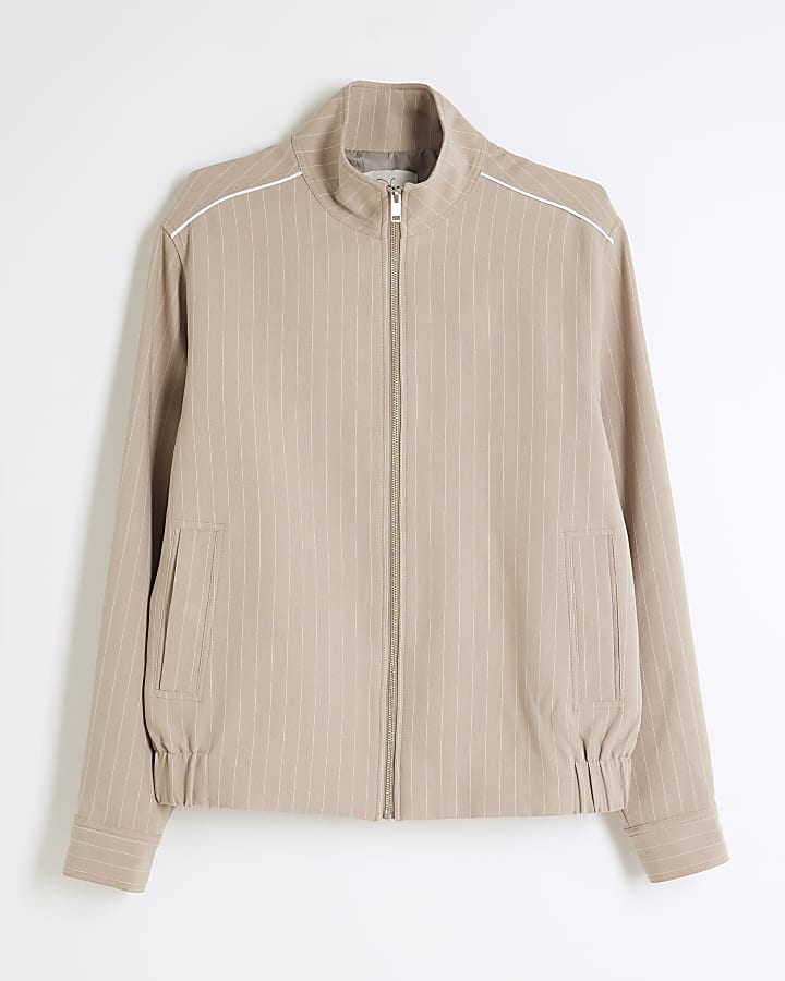 Beige Slim Fit Striped Funnel Jacket