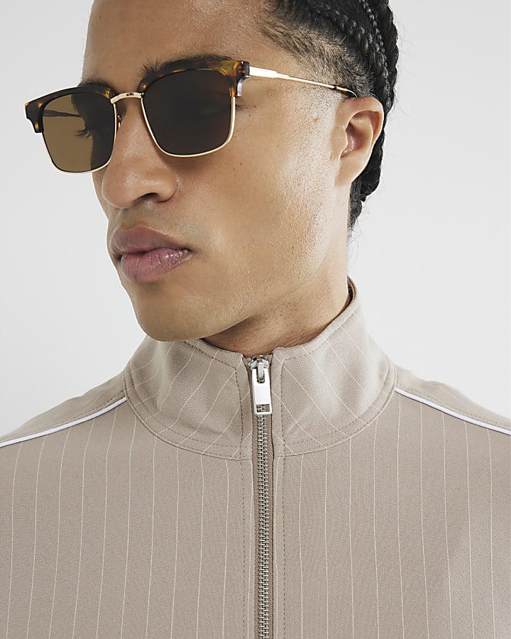 Beige Slim Fit Striped Funnel Jacket