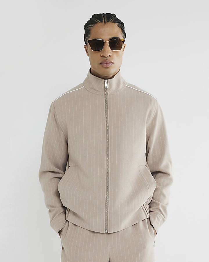 Beige Slim Fit Striped Funnel Jacket