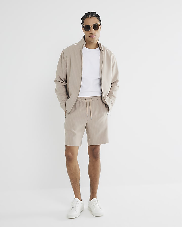 Beige Slim Fit Striped Funnel Jacket