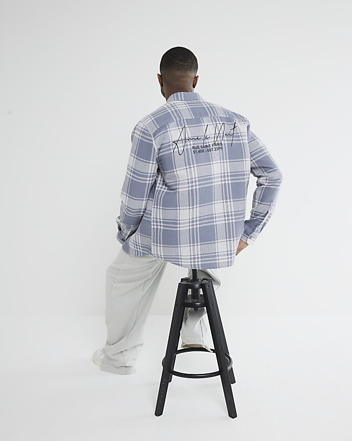 Blue Long Sleeved Back Print Check Shirt