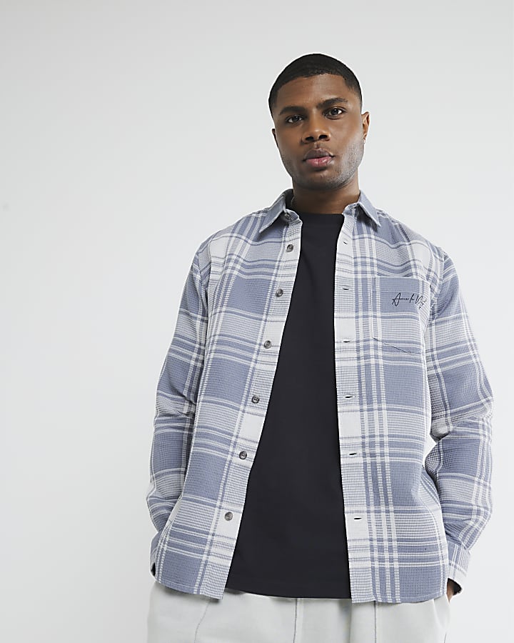 Blue Long Sleeved Back Print Check Shirt