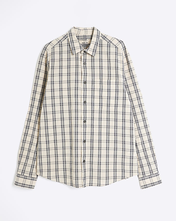 Beige Crepe Long Sleeve Check Shirt