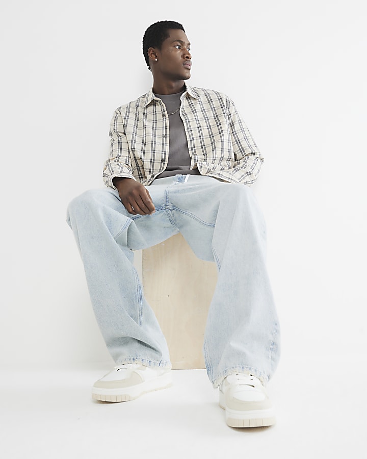 Beige Crepe Long Sleeve Check Shirt