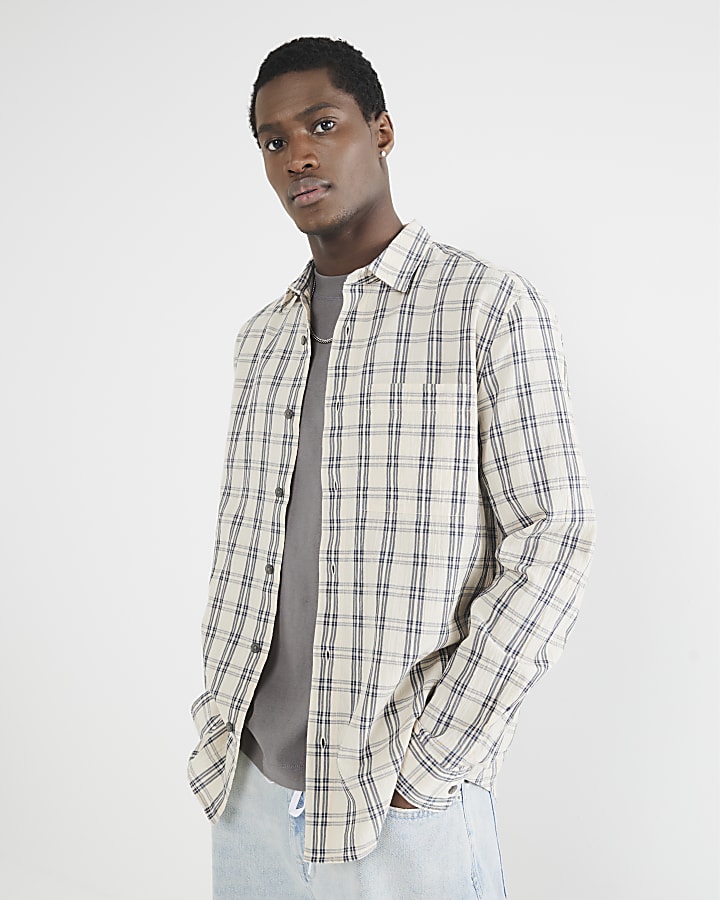 Beige Crepe Long Sleeve Check Shirt