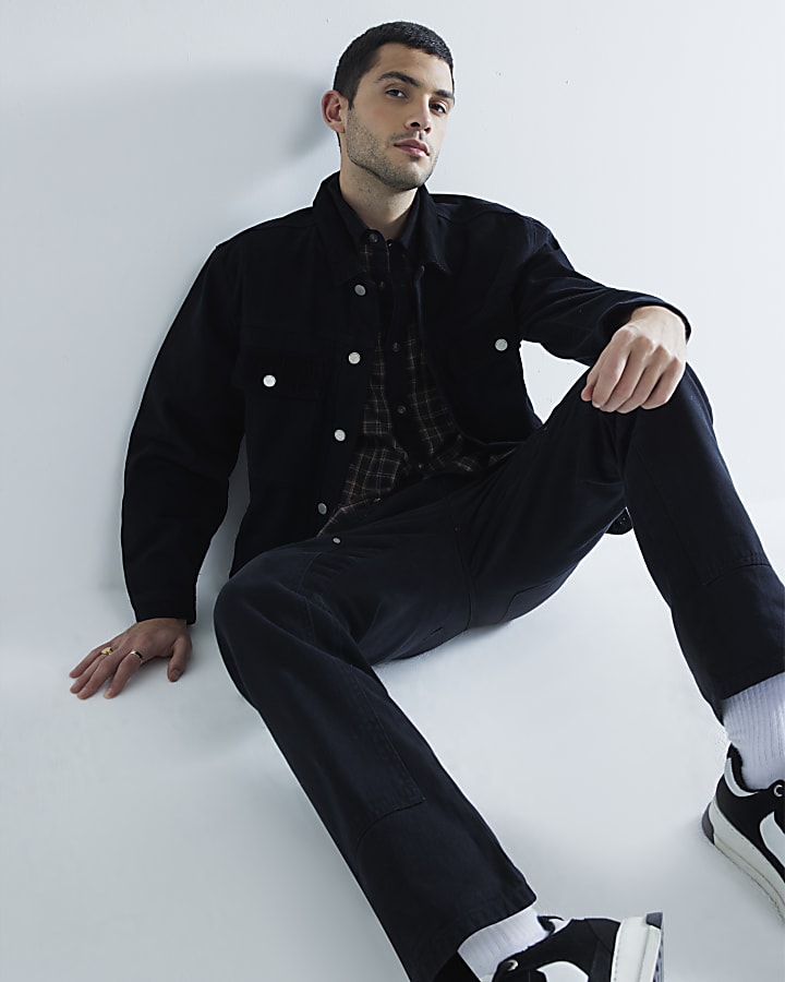 Black Corduroy Collar Check Shirt