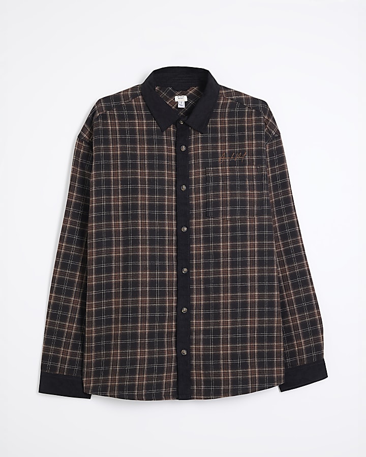 Black Corduroy Collar Check Shirt